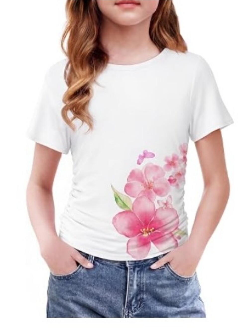 Girls Shirts Side Ruched Short Sleeve Crewneck Top White
